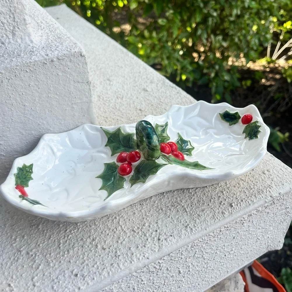 Vintage Lefton Japan White Ceramic Sectional Candy/Nut Dish w/Holly and Berries